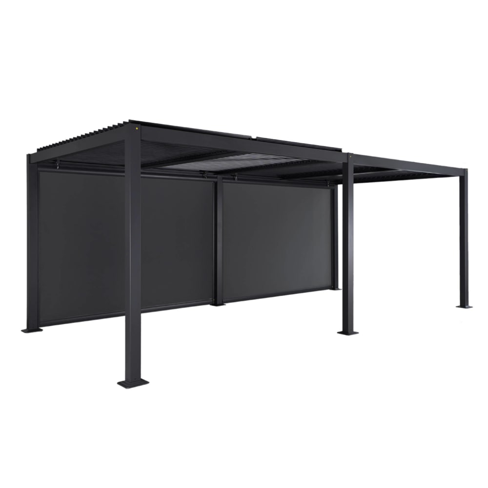 Pergola bioclimatique aluminium et acier 6x3m, 2 stores 3m anthracite