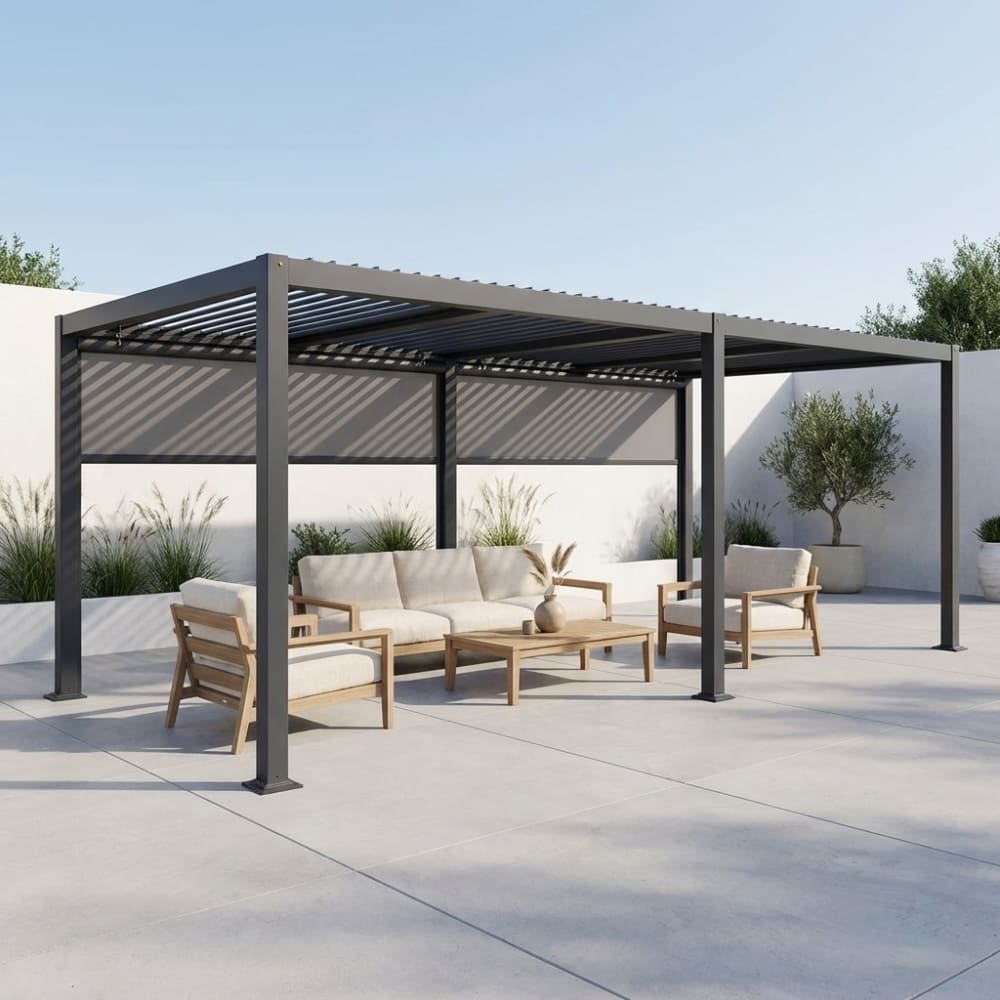 Pergola bioclimatique aluminium et acier 6x3m, 2 stores 3m anthracite