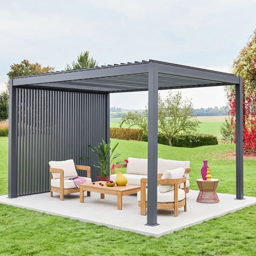 Pergola bioclimatique 3x4m + 3 persiennes verticales 100cm anthracite