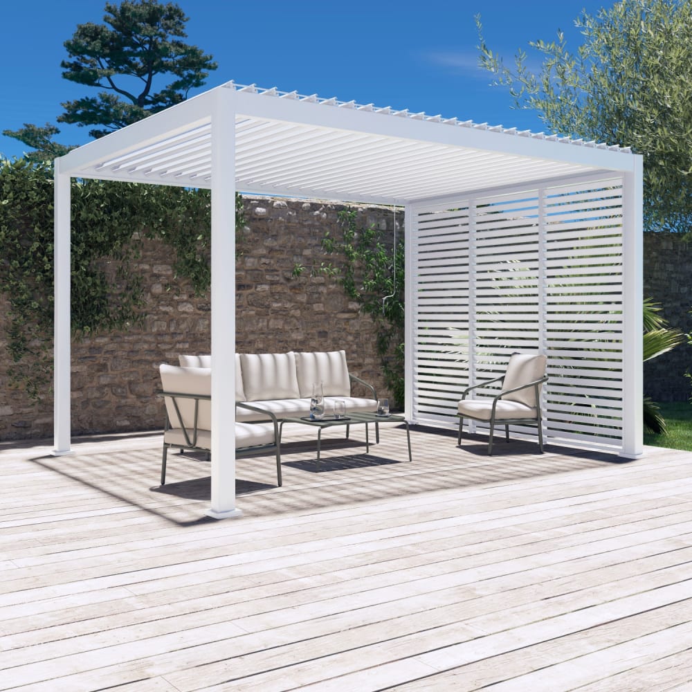 Pergola bioclimatique aluminium 4x3m, 3 persiennes 100cm blanc