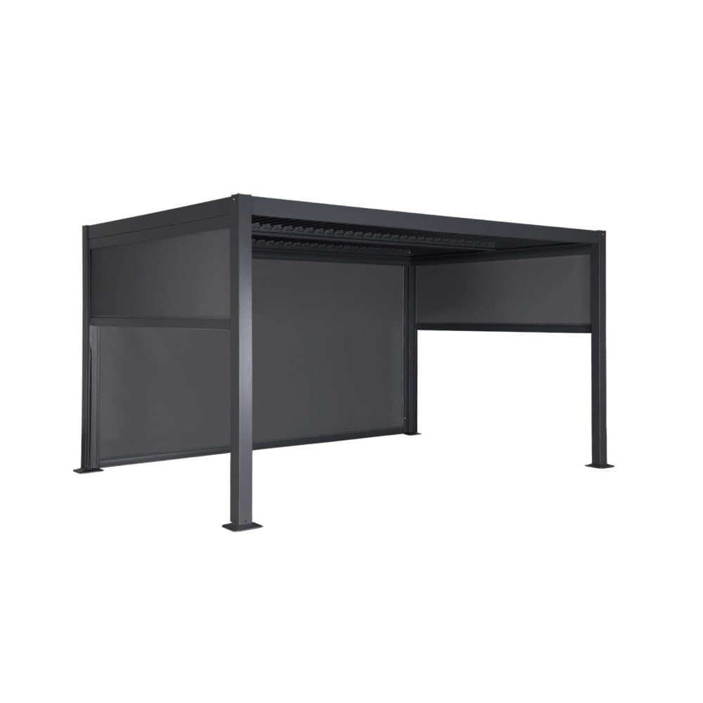 Pergola bioclimatique aluminium et acier 4x3m, 2 stores 3m, 1 store 4m