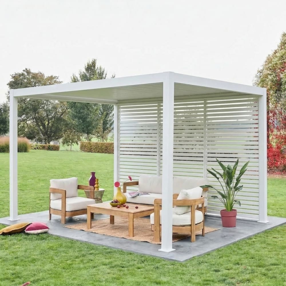 sweeek Pergola mit Lamellendach 3x4m mit 3 Lamellenwänden 130cm weiß - Aluminium