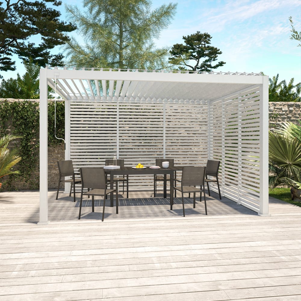 Pergola bioclimatique aluminium 4x3m, 3 persiennes 130cm blanc