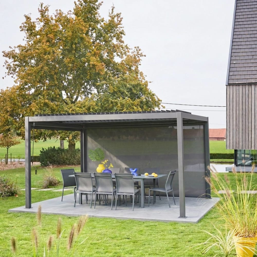 Pergola bioclimatique aluminium et acier 4x3m, store 4m anthracite - Maisons du Monde