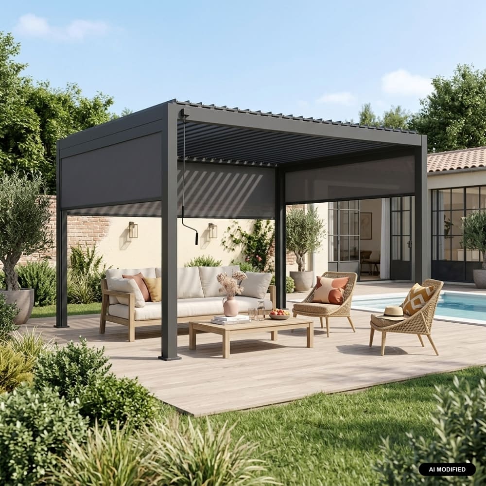 sweeek Pergola mit Lamellendach 3x4m + 2 Markisen 3m + 1 Markise 4m anthrazit Grau Aluminium