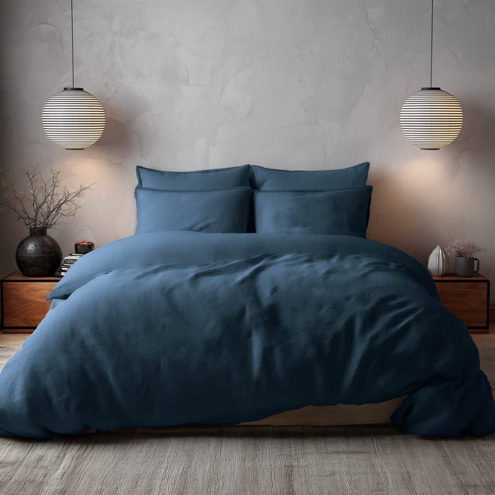Parure de lit percale lavée 2 taies rectangles Indigo 260x240 cm