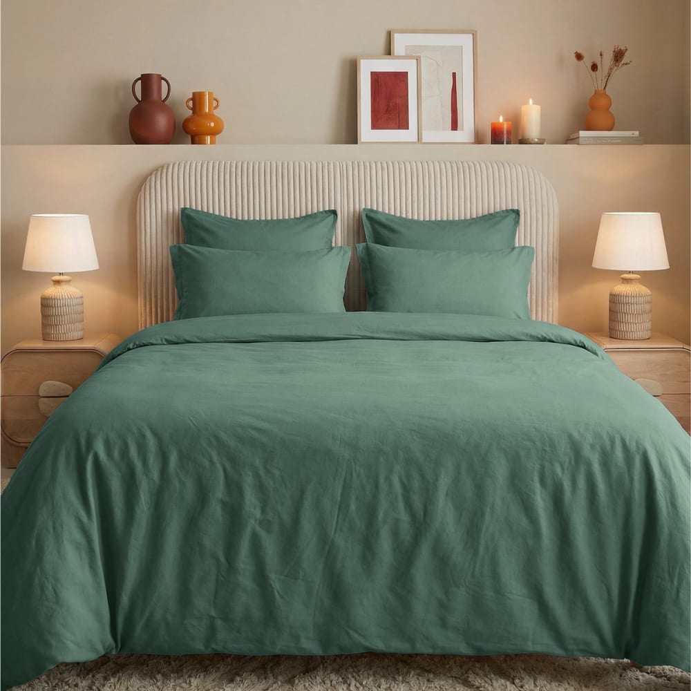 Parure de lit percale lavée 2 taies rectangles Lichen 200x200 cm