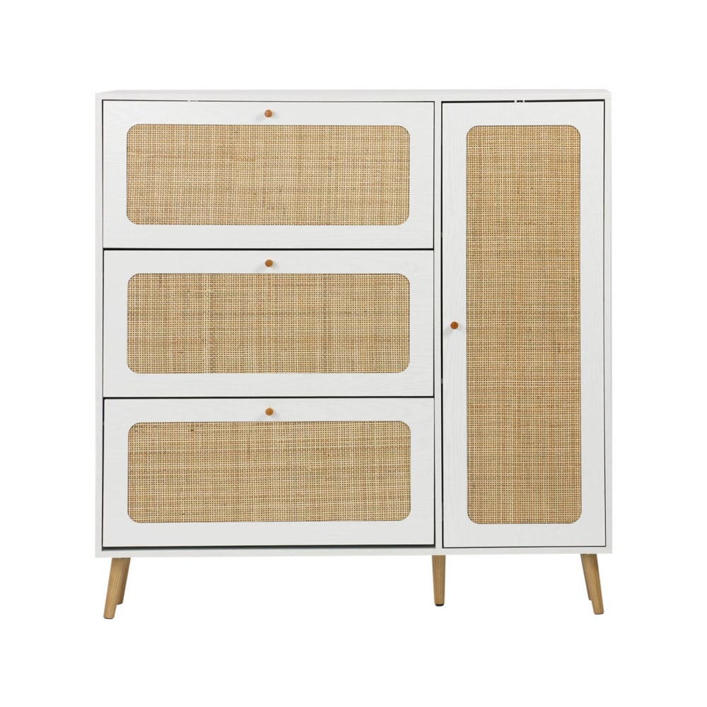 sweeek Schuhschrank mit Rattan-Geflecht und 3 Klapptüren weiss B 120 cm style classic chic Weiß Spanplatte