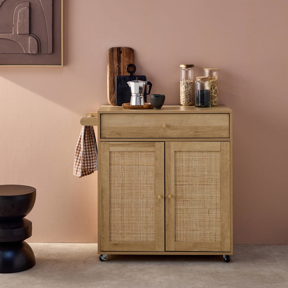 Desserte de cuisine décor bois et cannage, naturel