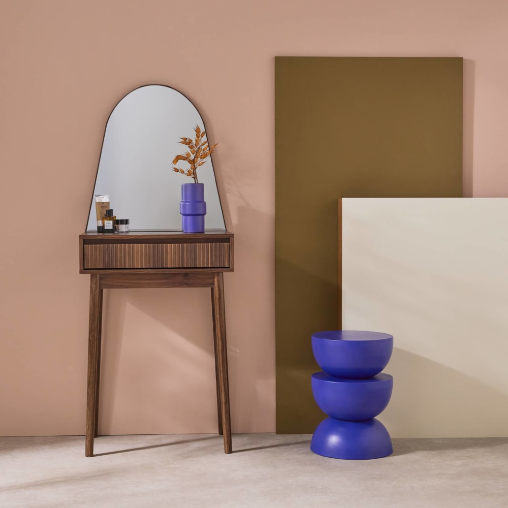 Coiffeuse décor bois miroir arrondi 60 cm, noyer