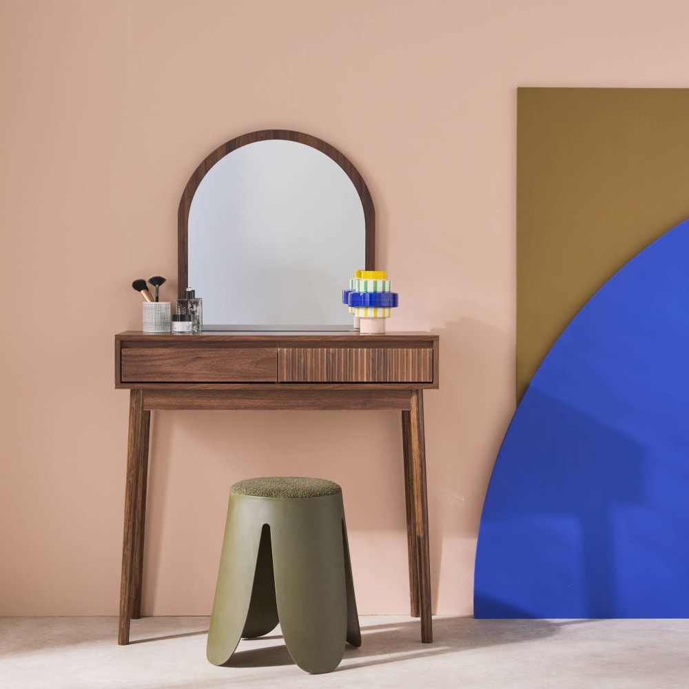 Coiffeuse décor bois miroir arrondi 90 cm, noyer