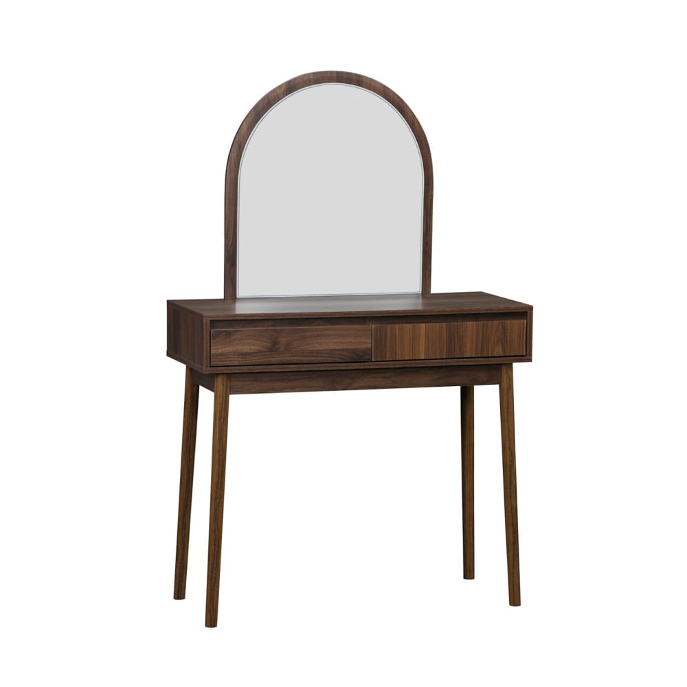 Schminktisch Holzoptik, abgerundeter Spiegel 90 cm, Nussbaum -