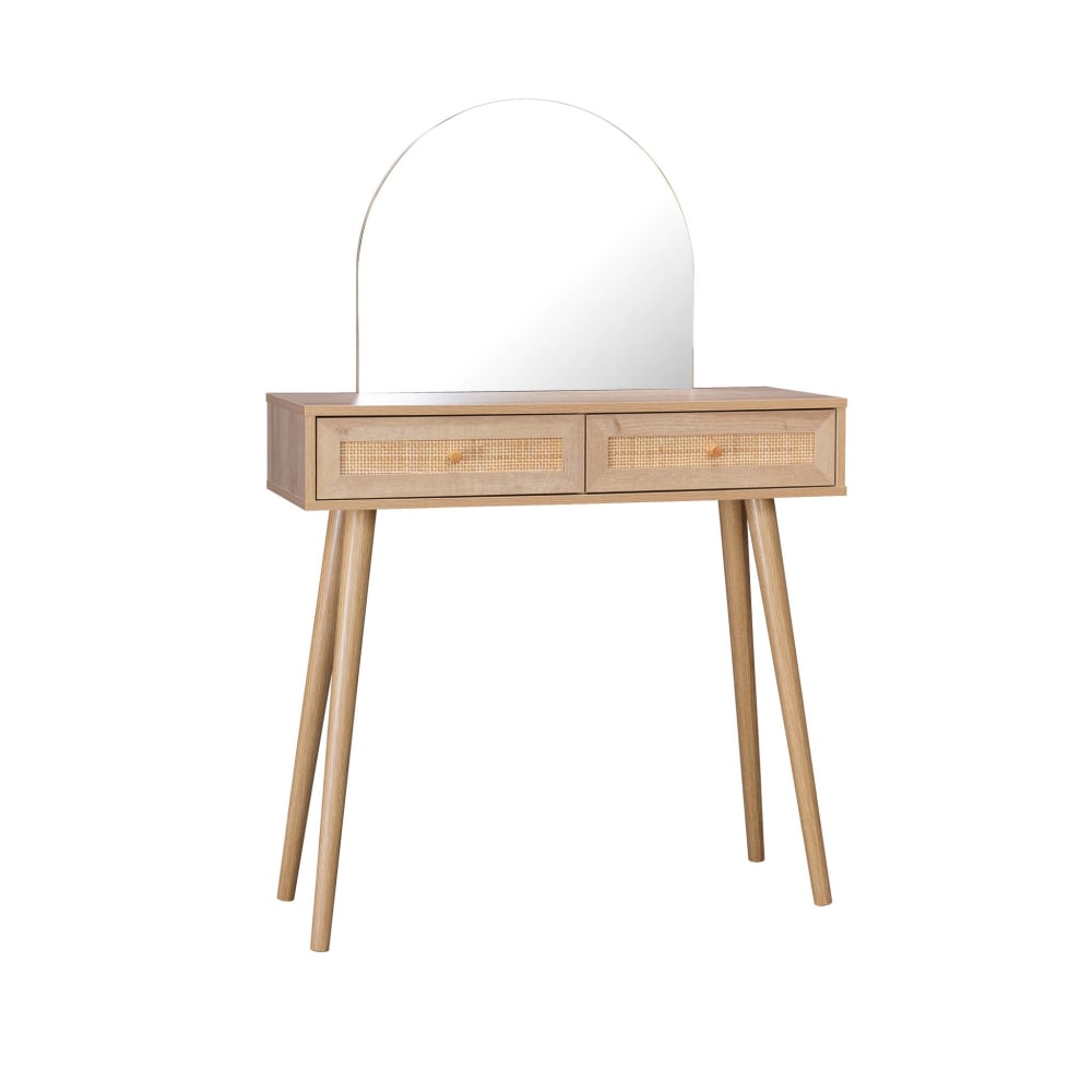 Coiffeuse bohème avec miroir arrondi et 2 tiroirs cannage, naturel