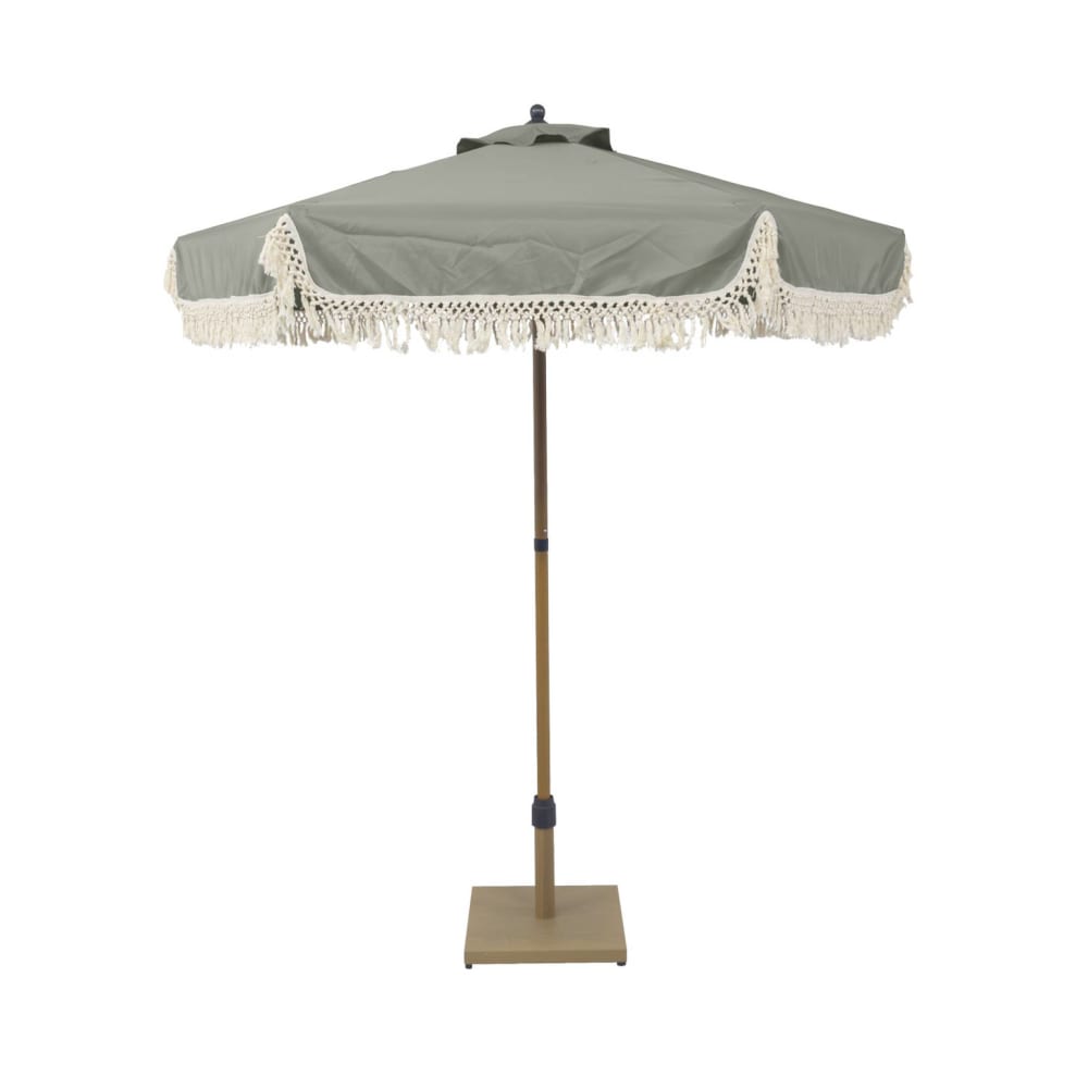 Parasol droit à franges 2m, kaki, acier, mât effet bois