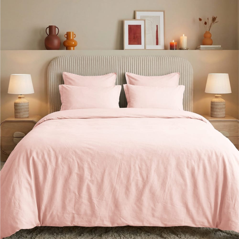 Parure de lit percale lavée 2 taies rectangles Poudre 200x200 cm