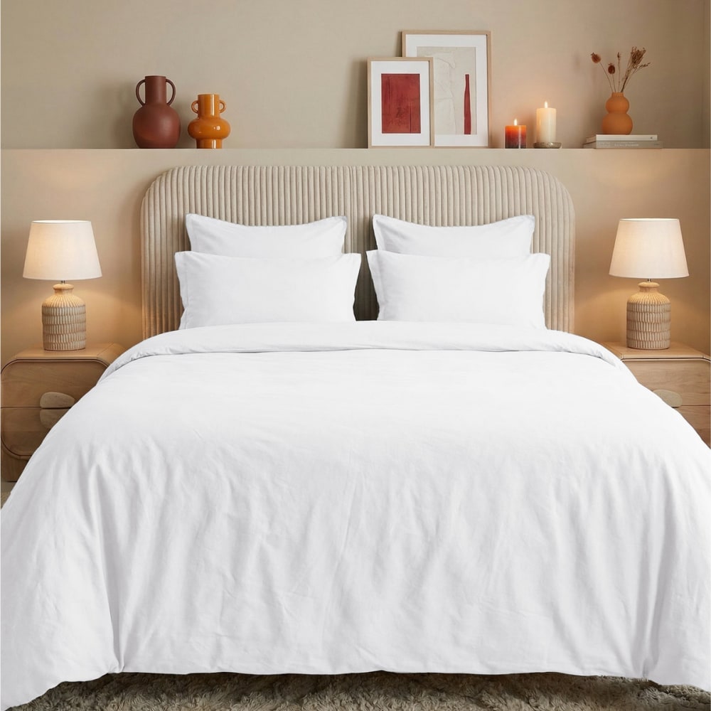 Parure de lit percale lavée avec 2 taies carrées blanc 140x200 cm