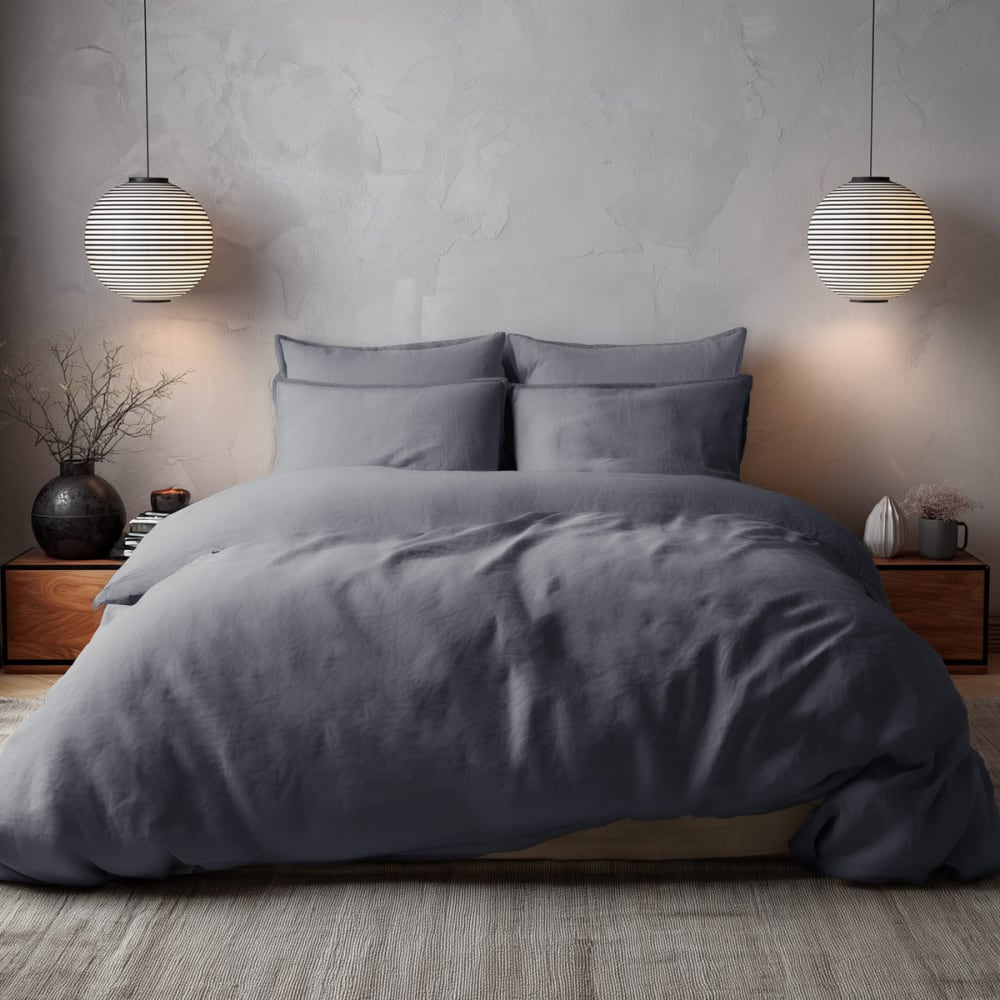 Parure de lit percale lavée avec 2 taies carrées Ardoise 240x220 cm