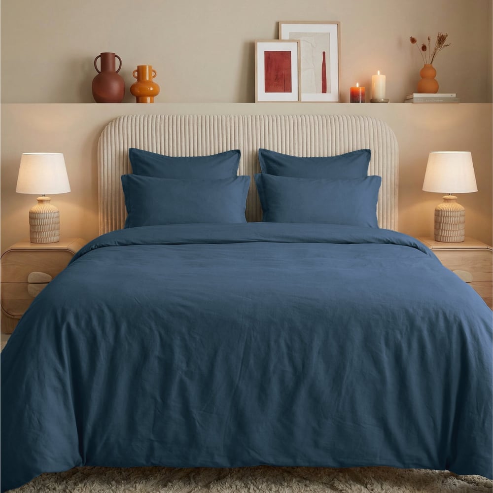 Parure de lit percale lavée avec 2 taies carrées Indigo 140x200 cm