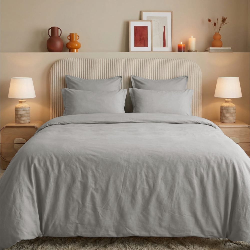 Parure de lit percale lavée 2 taies rectangles Gris Perle 260x240 cm