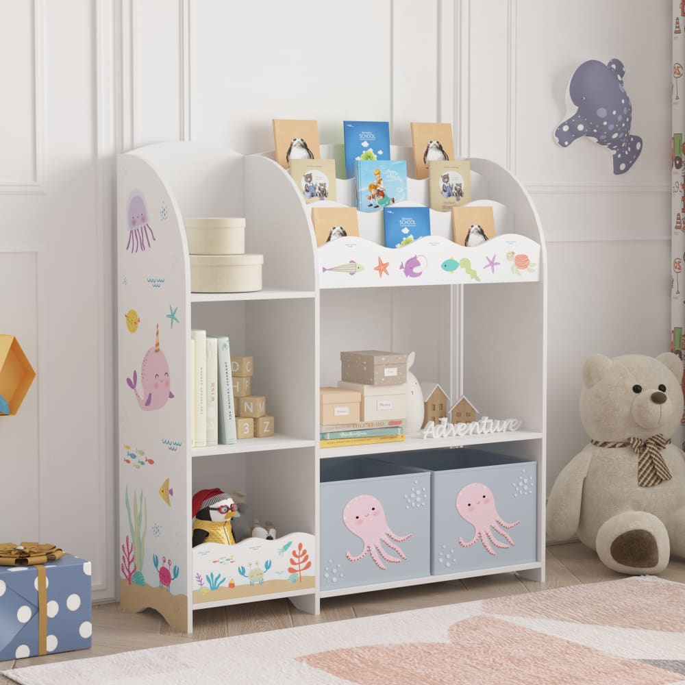 Kinderregal in Holzoptik 100 x 93 x 30 cm, in Pink und Violett -