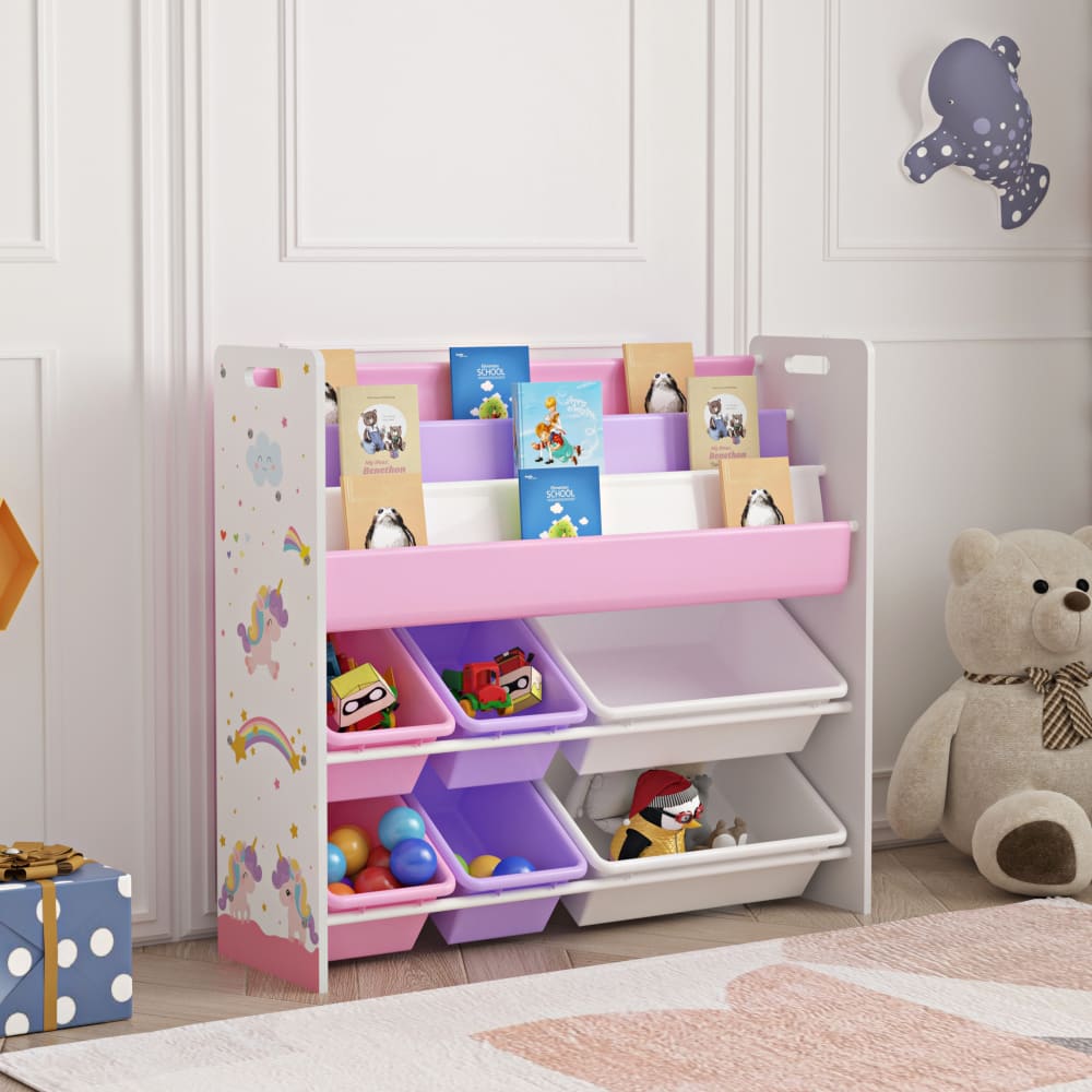 Kinderregal in Holzoptik 78 x 86 x 26.5 cm, in Violett und Pink -