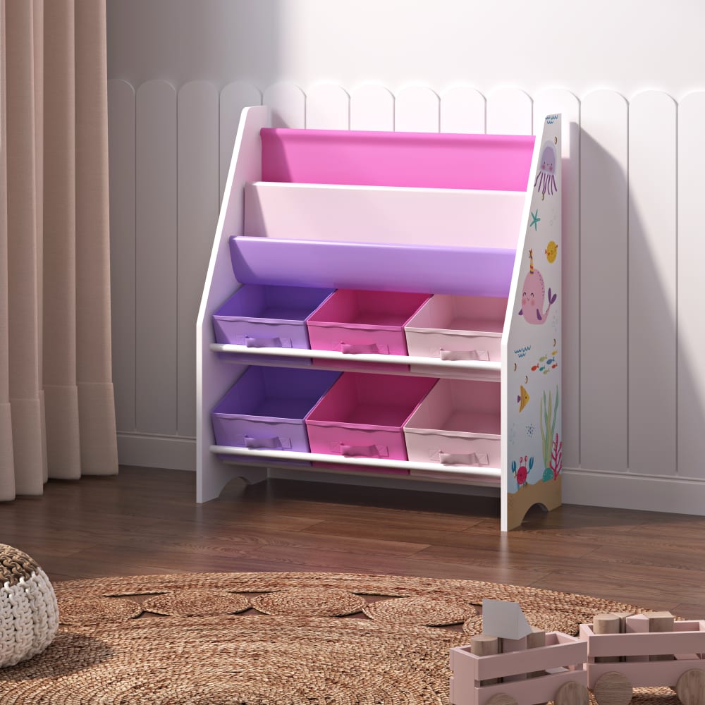Kinderregal in Holzoptik 74 x 62 x 26.5 cm, in Violett und Pink -