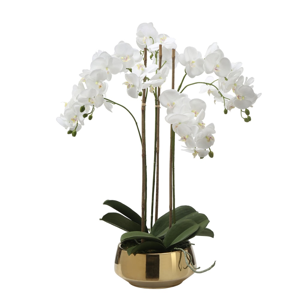 Composition d'orchidée artificielle blanche avec vase doré H72