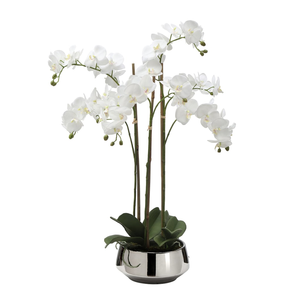 Composition d'orchidée artificielle blanche avec vase argenté H72