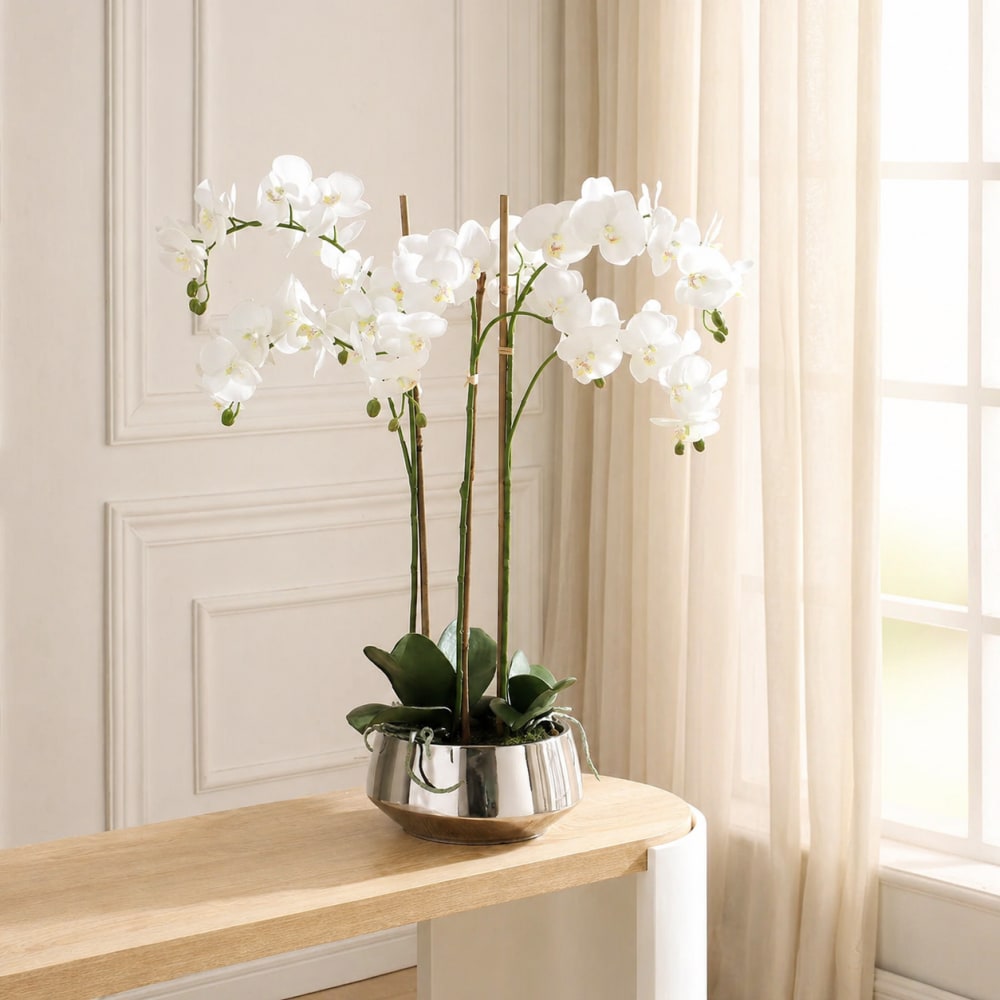 Composition d'orchidée artificielle blanche avec vase argenté h72 - Maisons du Monde