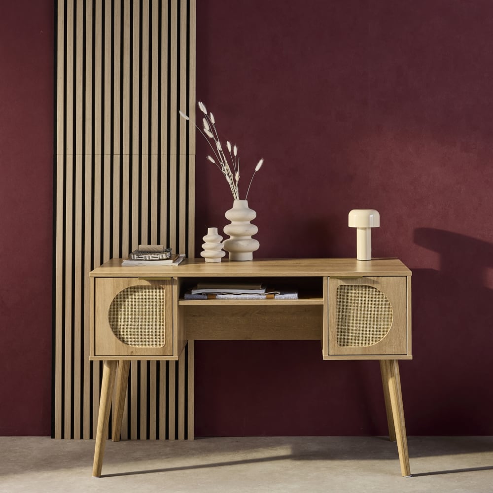 sweeek Schreibtisch mit Holzdekor und Rattan-Geflecht, 2 Türen, naturfarben style modern Beige Spanplatte