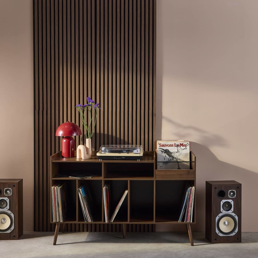 Meuble vinyle vintage XL en MDF effet bois de noyer, 130 cm