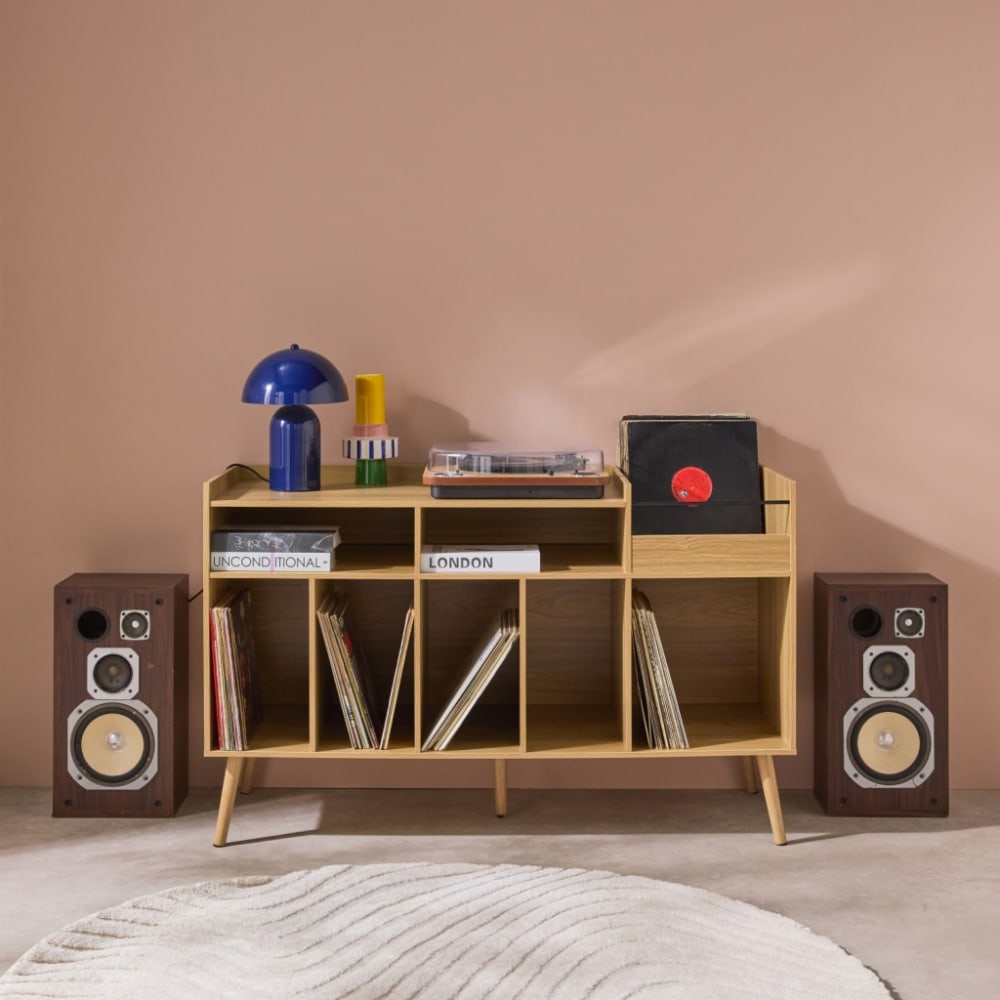sweeek Vintage-Möbel XL für Schallplatten mit Holzdekor, 130 cm style modern Beige Spanplatte