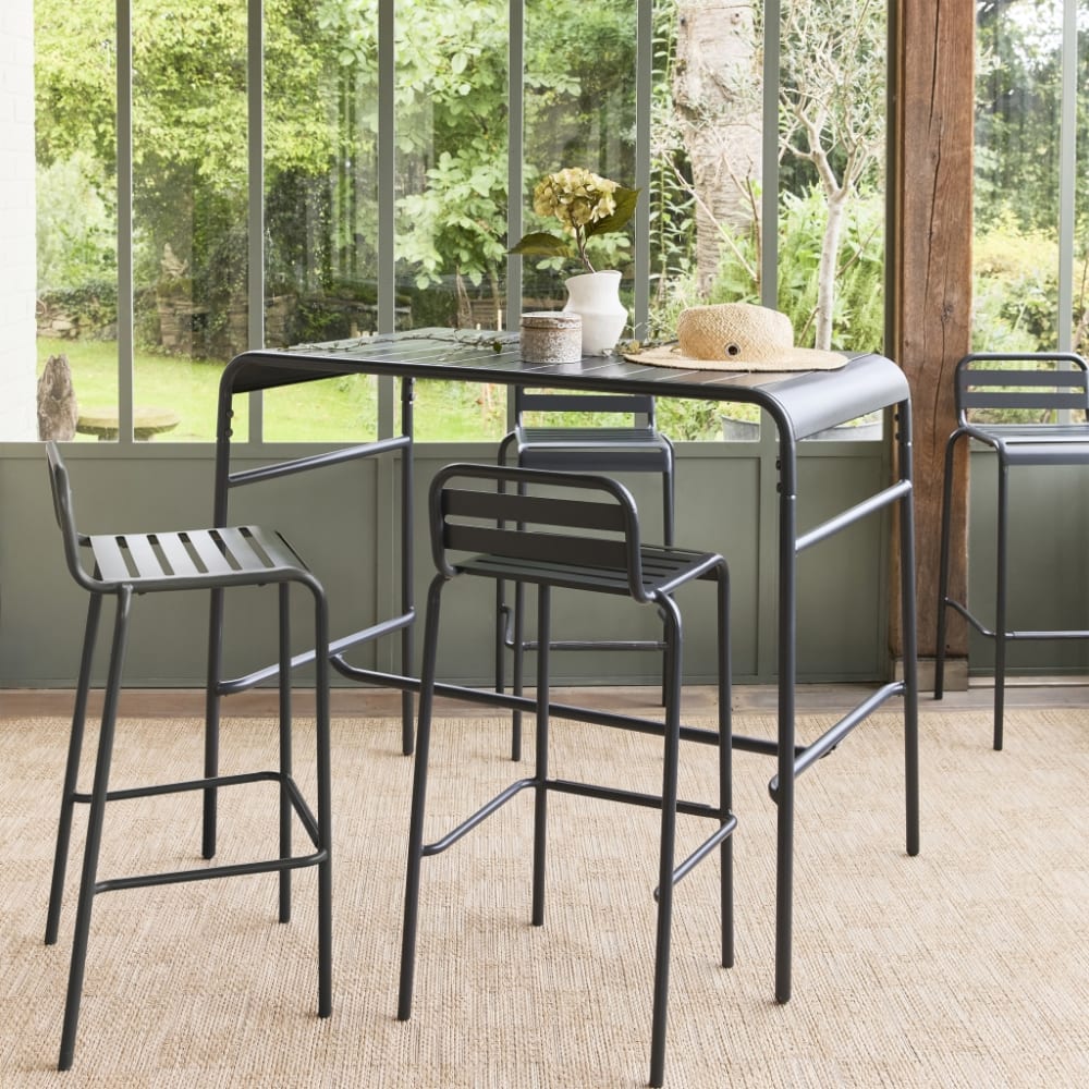 Table haute de jardin anthracite, 4 chaises hautes en acier