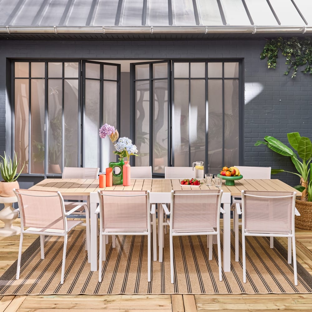 Table de jardin extensible, 8 fauteuils, aluminium et textilène, blanc