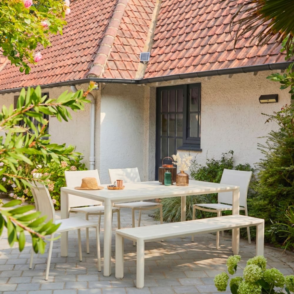 Table de jardin aluminium et textilène 1 banc 4 chaises beige