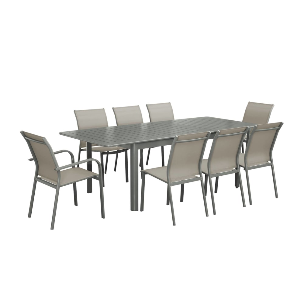 Table de jardin extensible aluminium et textilène kaki, 8 places