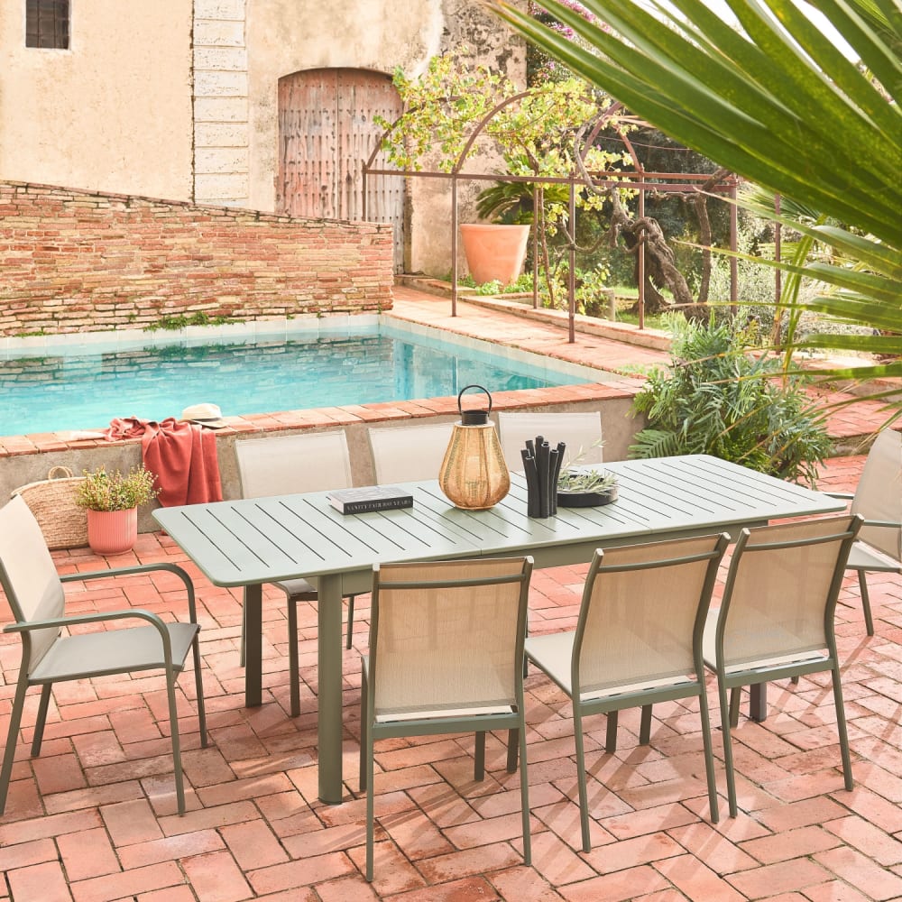 Table de jardin extensible aluminium et textilène kaki, 8 places