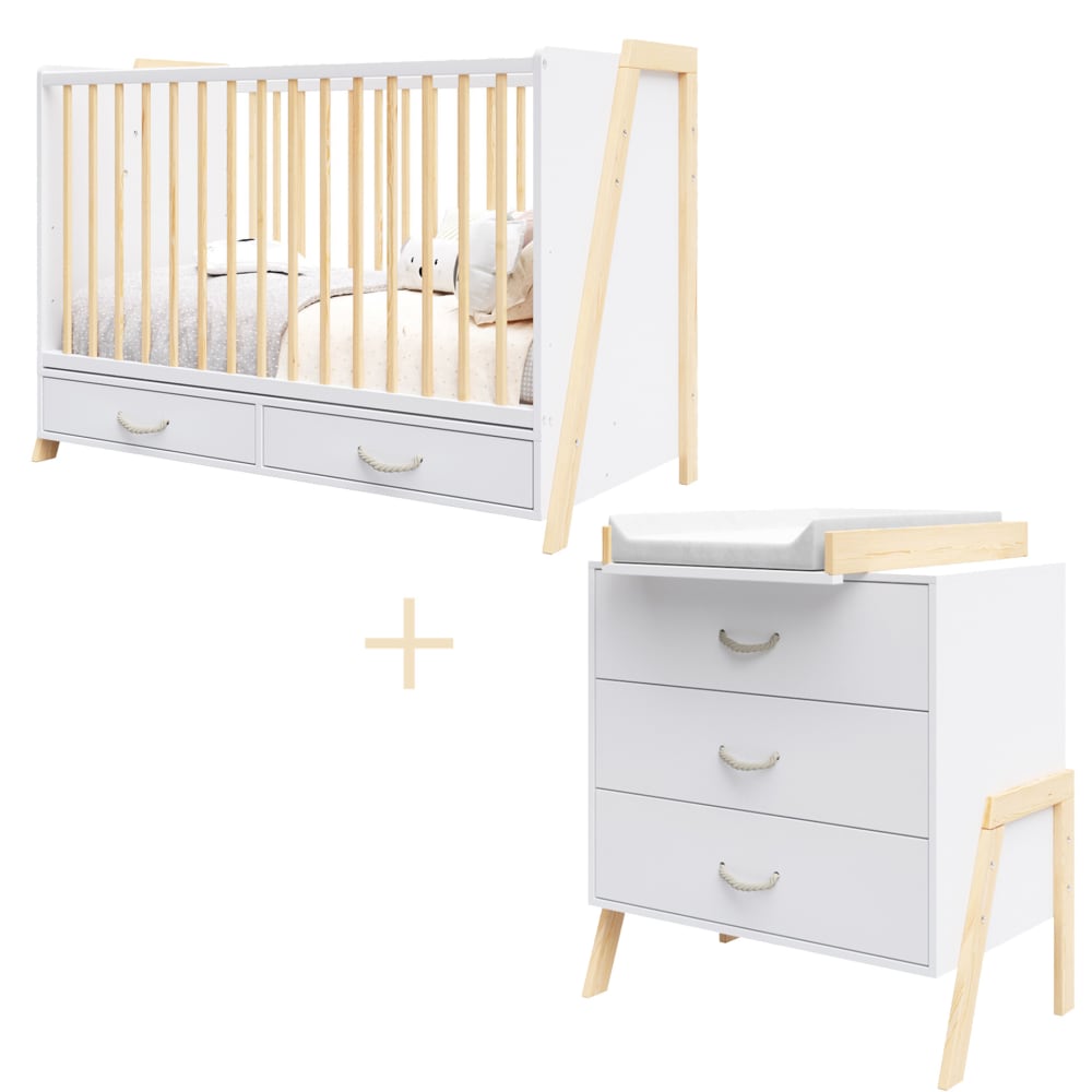 Lit bébé et commode à langer évolutifs blancs et pin