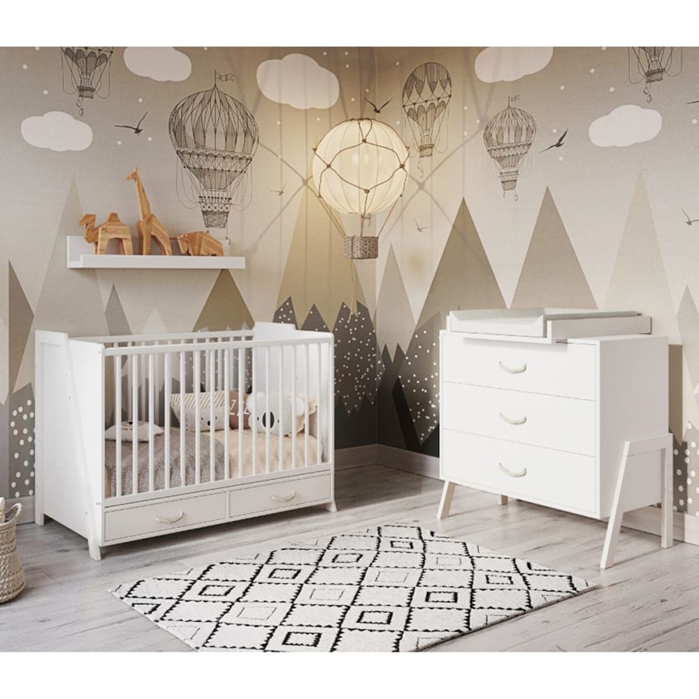 Umbaubares Babybett und Wickeltisch aus weißem und Kiefernholz -