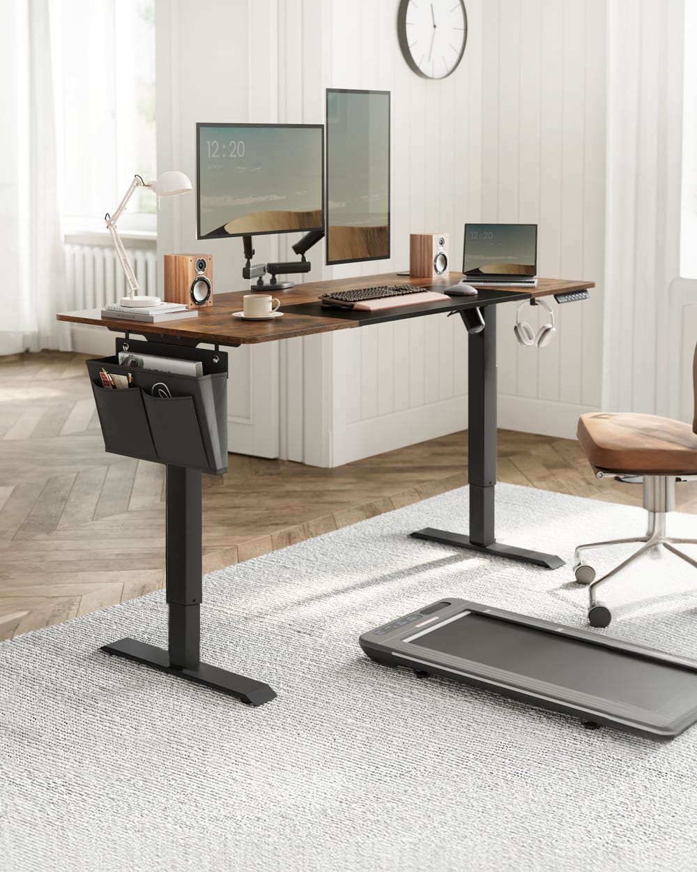 Bureau assis debout électrique acier effet bois blanc