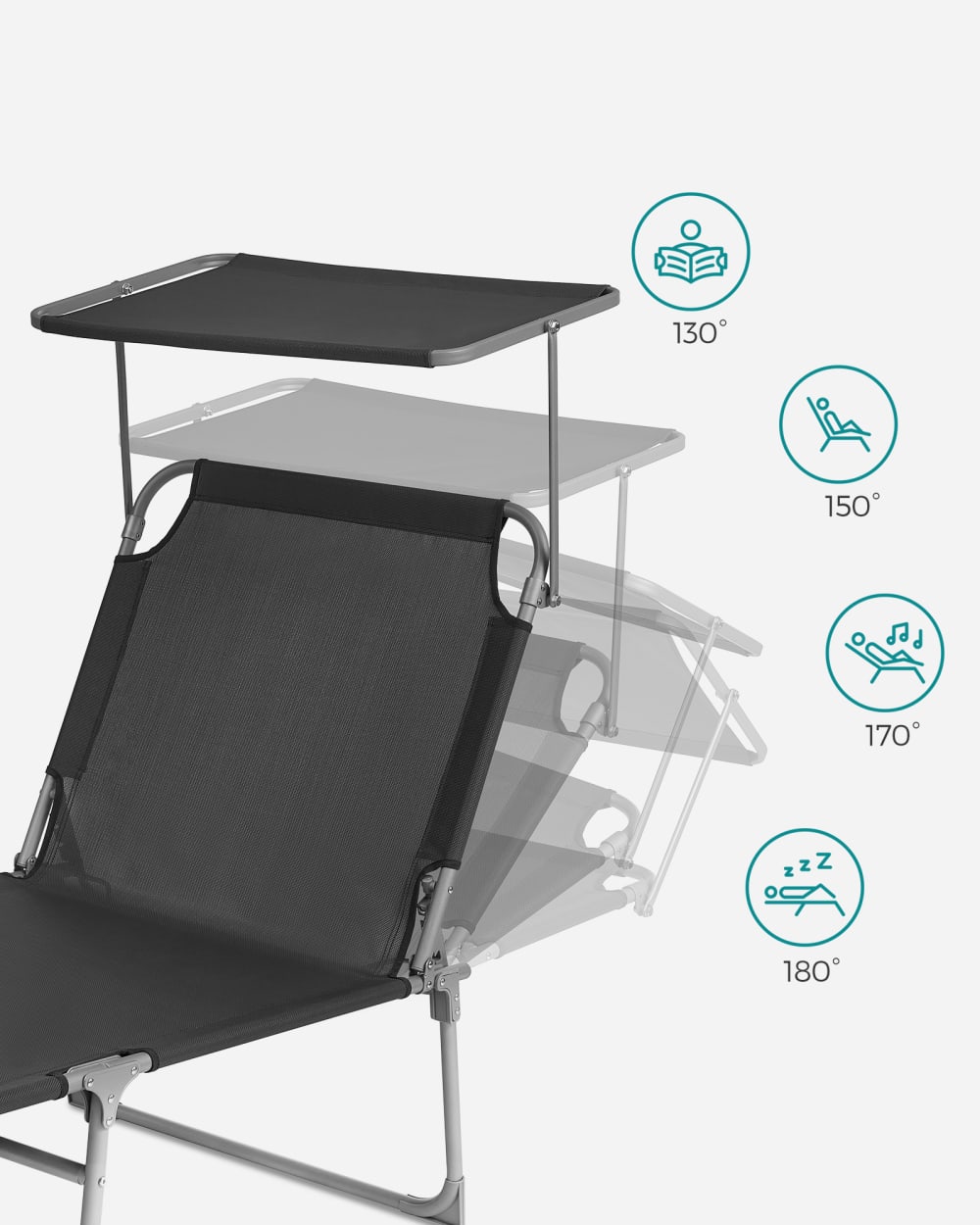 Bain de soleil grand avec pare-soleil et dossier inclinable gris foncé