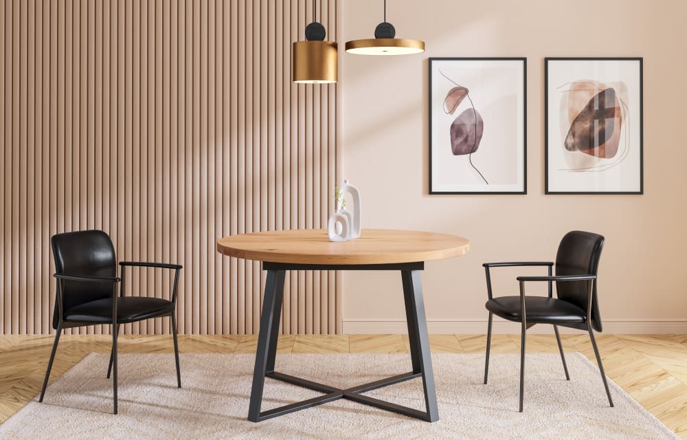 Runder Tisch aus massiver Eiche mit Metallbeinen 110 cm - Maisons