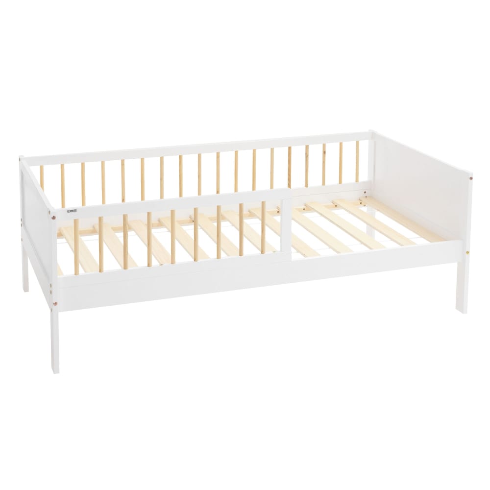 Lit enfant simple 80x160 cm sommier matelas et barrière beige, blanc