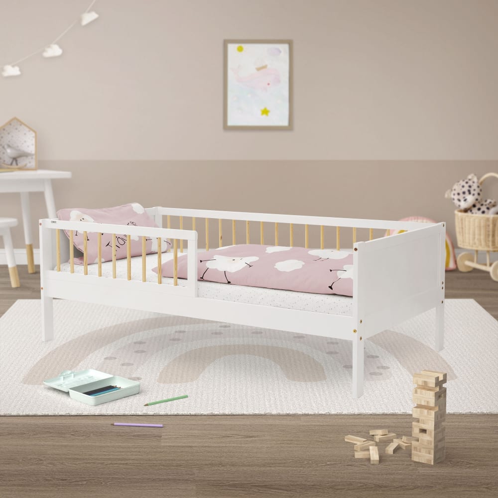 Kinderbett 80x160 cm Weiß-Natur Lattenrost Rausfallschutz