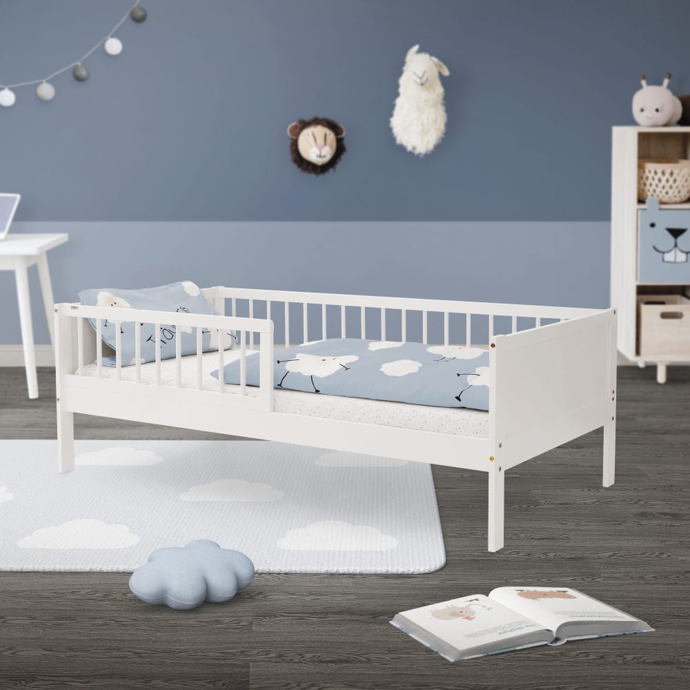Kinderbett 80x160 cm, Weiß, Lattenrost und Rausfallschutz,