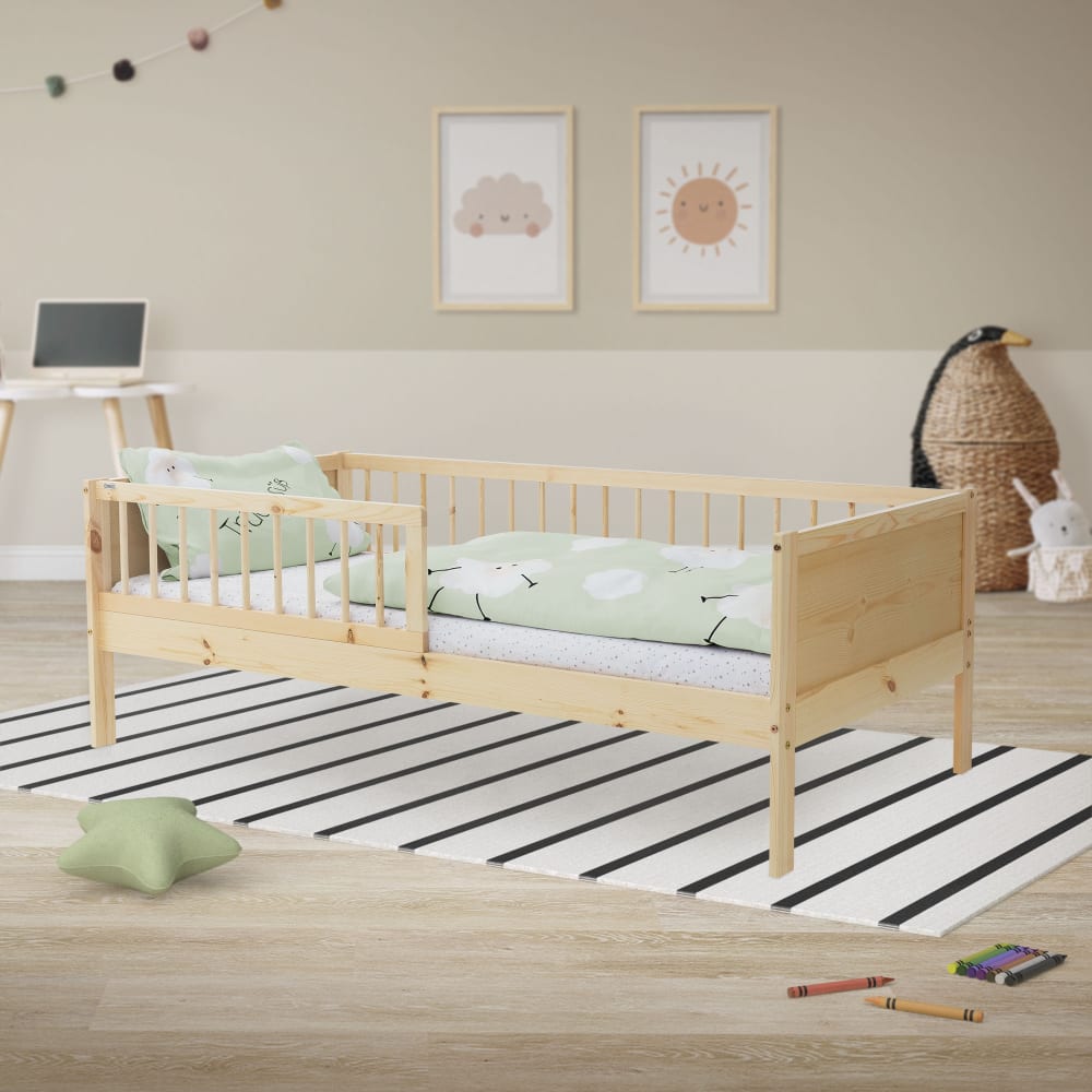 Kinderbett 80x160 cm Natur, Lattenrost und Rausfallschutz,