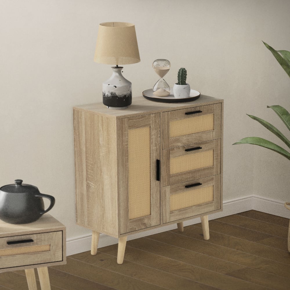 Kommode mit 1 Tür & 3 Schubladen, 74x76x30 cm, Eiche Optik -