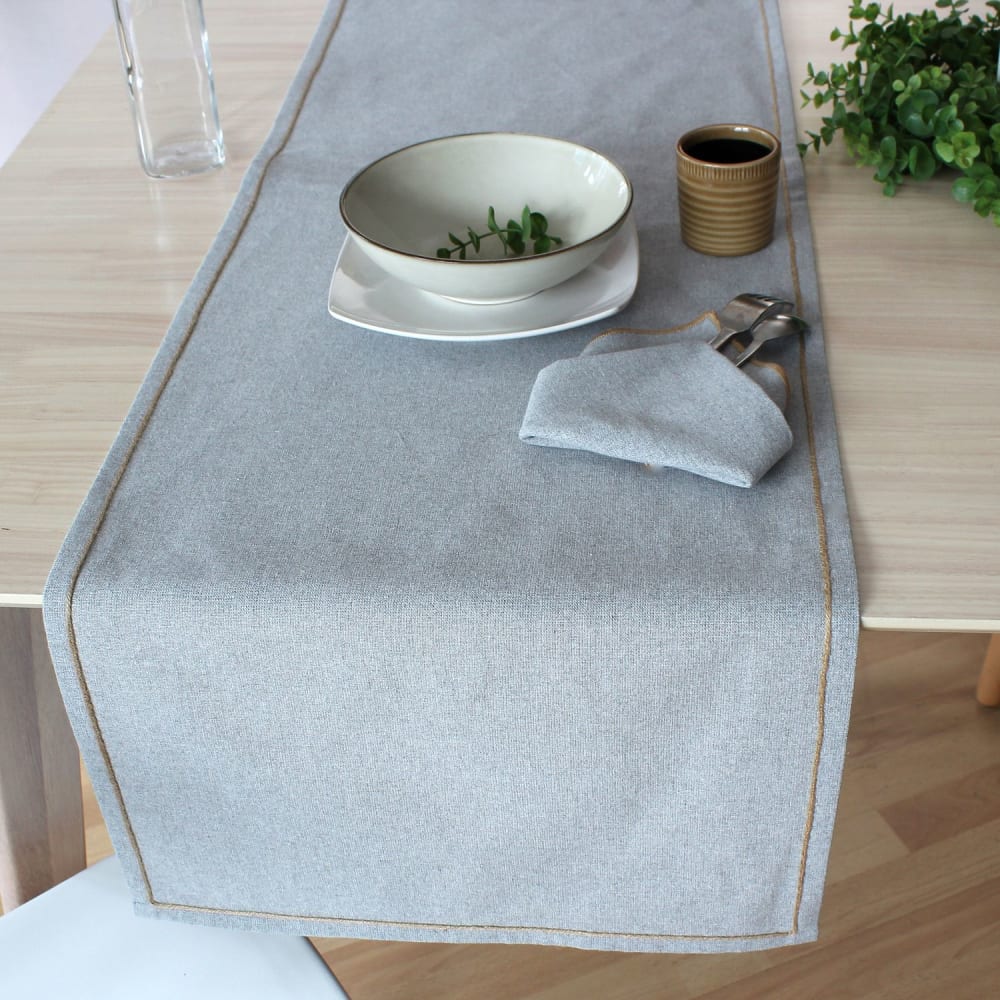 Chemin de table gris avec bordure jute 140 x 40 cm