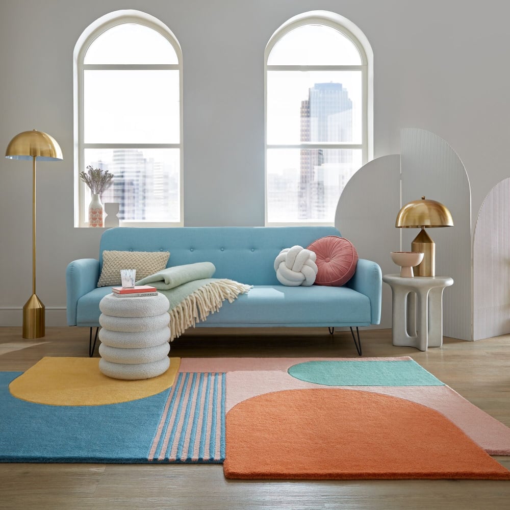 Tapis pure laine bleue, jaune, orange et rose 120x180cm — vue 3