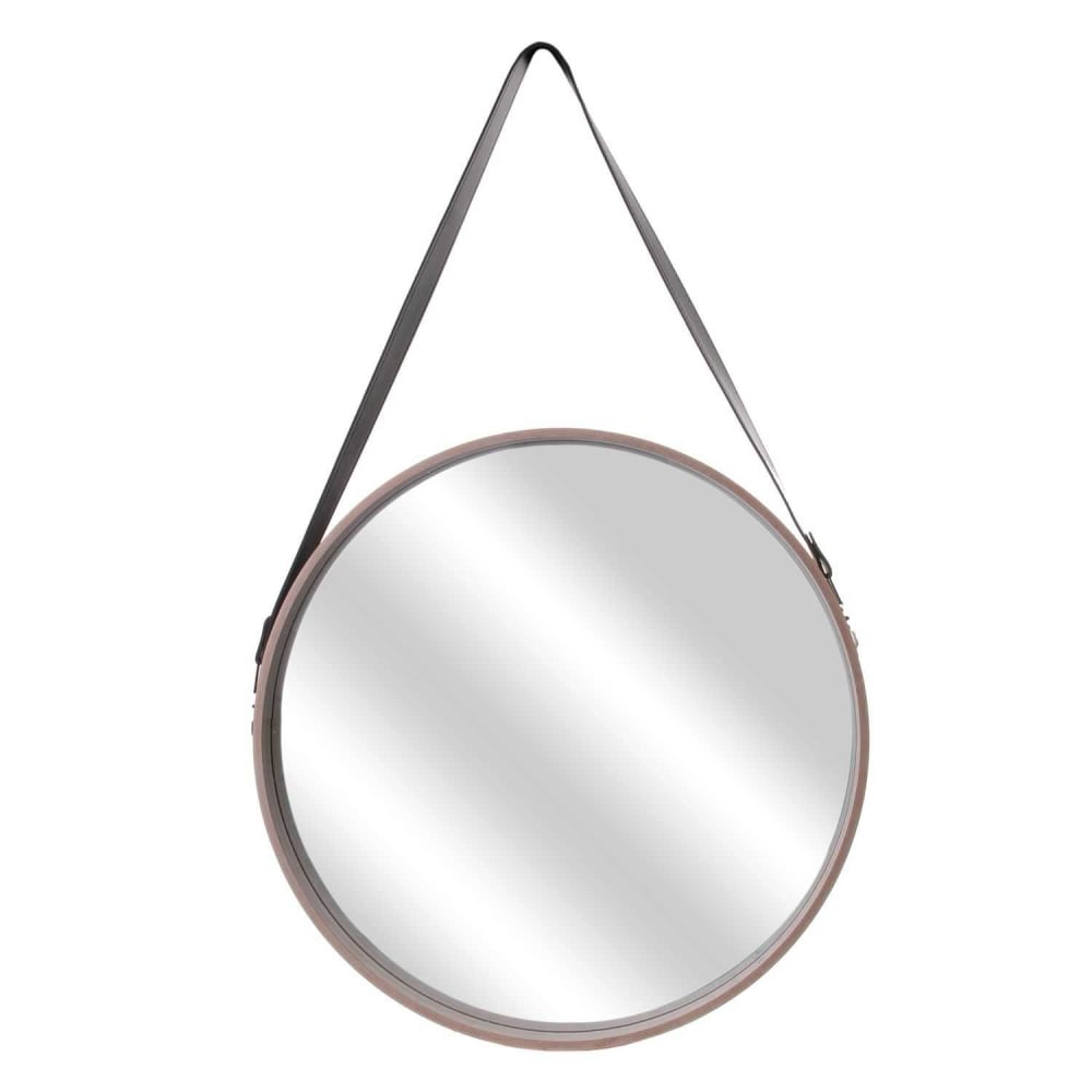 Miroir rond beige à suspendre avec une anse - Diam. 50 cm